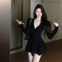 Váy Nữ Len Dệt Cổ V Dáng Ngắn Xoè Sang Chảnh Phối Cúc Cài Sexy Nữ Tính chinfa