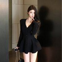 Váy Nữ Len Dệt Cổ V Dáng Ngắn Xoè Sang Chảnh Phối Cúc Cài Sexy Nữ Tính