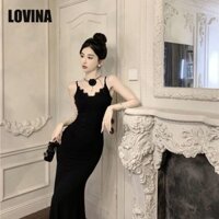 Váy nữ màu đen Váy dài khí chất ren bên trong