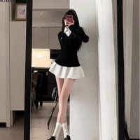 Váy nữ phong cách Hàn Quốc, hai mảnh giả, váy ngắn học sinh, phong cách preppy, khâu, đan, gợi cảm