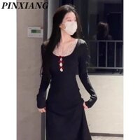 Váy nữ PINXIANG Váy dài tay ren kiểu Pháp chắp vá váy dài vừa vặn