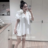 váy nữ sang chảnh,đầm nữ dễ thương,váy thô trắng hoa vai chân bồng xịn sò hot trend hiên giang P19