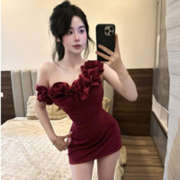 váy nữ sang chảnh,đầm trễ vai,váy body trễ vai ngực hoa xịn sò hot trend nhi kun P110
