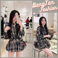 Váy nữ - Set đồ liền thân kẻ caro tay dài dáng bí kèm đai lưng , set áo sơ mi liền thân cổ sơ mi năng động BangTan_shop