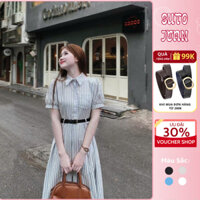 Váy nữ sơ mi cổ bẻ liền thân túi ngực họa tiết kẻ sọc Jeansuto, đầm nữ maxi tay bồng dáng xòe kèm thắt lưng HCOM2929