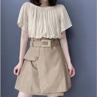 Váy nữ thiết kế đầm công sở liền thân trễ vai tay ngắn chun vai xếp ly ngực kèm đai thắt lưng màu be sang chảnh