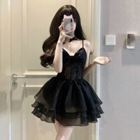 Váy Nữ Thiết Kế Pure Sexy Ren Splice Bow Sling Dress Thắt Lưng Ngắn Bouffant Phong Cách Pháp Màu Đen Sang Trọng