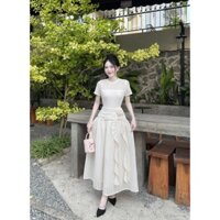 Váy Nữ Thiết Kế Thanh Lịch, Váy Ren Len Tay Cộc Cổ Tròn Dáng Xoè Đính Hoa Eo Sang Chảnh