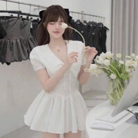 Váy Nữ Tiểu Thư Cổ Nhọn Phối Viền Ren Thắt Nơ Chiết Eo Dáng Xoè Xinh Xắn Vibe Nàng Thơ