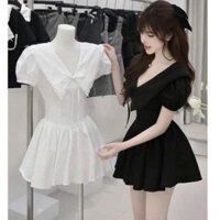 Váy Nữ Tiểu Thư Cổ V Thắt  Nơ Phối Tay Bồng Dáng Xoè Dễ Thương Với 2 Tone Màu Basic