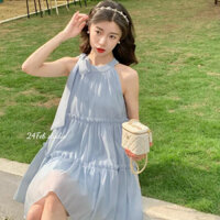 Váy nữ tơ cổ yếm buộc nơ phong cách Hàn Quốc XTT VN37
