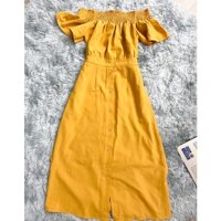 Váy nữ trễ vai màu vàng tiểu thư, Đầm nữ dáng suông (Ảnh Thật)