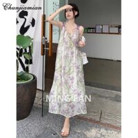 Váy nữ váy voan xếp nếp hoa màu tím váy dài vừa phải