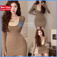 váy nữ💖FREESHIP💖Đầm nữ nâu phong cách retro hot girl nữ màu nâu dáng dáng ôm có túi đeo hông ulzzang LENZEN7902