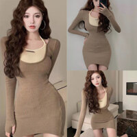 váy nữ💖KAKVIN💖Đầm nữ nâu phong cách retro hot girl nữ màu nâu dáng dáng ôm có túi đeo hông đầm nữ đẹp KAKVIN7902