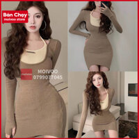váy nữ💖MOIVOO💖Đầm nữ nâu phong cách retro hot girl nữ màu nâu dáng dáng ôm có túi đeo hông đầm nữ đẹp MOIVOO7902