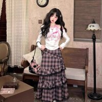 Váy ô bánh bèo sọc caro đen hồng váy ren chữ a