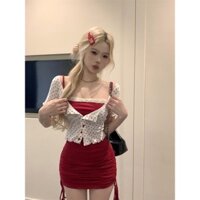 Váy Ôm Body Màu Đỏ Dáng Ngắn Áo Khoác Cardigan Mỏng Nhẹ Cô Nàng Nóng Bỏng Mùa Hè Mới