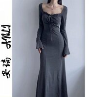 Váy Ôm Mông Thon Gọn Ôm Dáng Mẫu Mới Thu Đông Cho Phong Cách Ngây Thơ Váy Dài Tay Cổ Vuông Váy Đuôi Cá Nữ