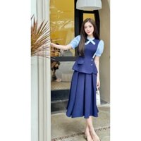 Váy peplum xanh than nơ cổ, đầm xinh nữ thiết kế cao cấp liền thân có khoá kéo sau lưng