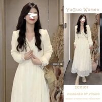 Váy phối đồ Hàn Quốc mùa thu đông Váy liền dáng dài phối ren lót nhung màu mơ tạo cảm giác nhẹ nhàng không khí mẫu mới cho nữ