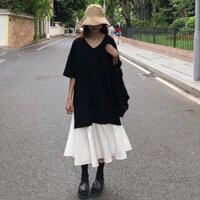 váy phông maxi dáng dài cổ v tay lỡ phối voan xẻ tà