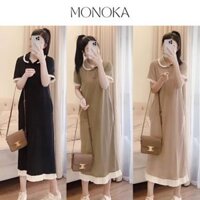 Váy polo dáng dài maxi cổ sen viền bèo trắng cộc tay vintage form rộng Đầm suông basic nữ tính cute bầu mặc xinh T272G