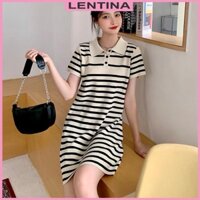 Váy polo dệt kim nữ - Đầm dáng suông kẻ ngang tay ngắn cổ đức phong cách Hàn Quốc - Hàng mới về