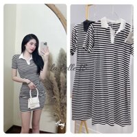Váy polo kẻ ngang đen trắng body dáng ôm bó cổ bẻ bo Đầm suông chữ A kẻ