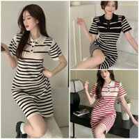 Váy polo nữ dáng suông tay ngắn kiểu cổ bẻ dệt kim len tăm Váy xinh đầm đẹp hàng Quảng Châu cao cấp