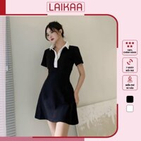 Váy polo nữ ngắn tay dáng xòe kiểu ôm body, đầm polo dáng xòe màu đen phối cổ bẻ trắng sexy Laikaa V01