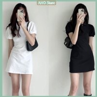 Váy Polo Nữ Trơn Tay Phồng To Đầm Nữ Cổ Sơ Mi Cài Cúc Dáng Xòe Chữ A Freesize