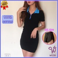 Váy polo ôm body xinh cổ viền xanh , đầm polo dự tiệc đẹp chất 100% cotton mềm mịn khóa kéo 2 màu đen trắng Wiceda VD6
