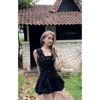 Váy ren 2 dây bản to tầng in nơ, cột dây, váy ngắn dáng bí có mút kèm lót quần chất cotton, đầm bí