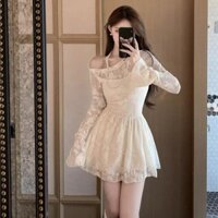 Váy ren dài tay lệch vai gợi cảm thời trang, váy ngắn dáng ôm mùa xuân dành cho nữ