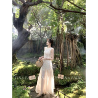 Váy ren dáng dài . Đầm voan tơ nữ phối ren  màu kem trẻ trung cao cấp