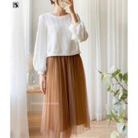 Váy ren dáng xòe dài ngang gốiCHÂN VÁY REN CÔNG CHÚA DÁNG NGẮN CHE GỐI - nâu tây