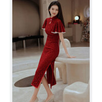 Váy ren sườn xám đỏ mới 2025 sườn xám năm mới, đẹp và thanh lịch