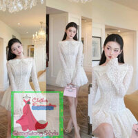 VÁY REN TẦNG XÒE XẾP LY CỔ LÁ TAY DÀI LOE 071224