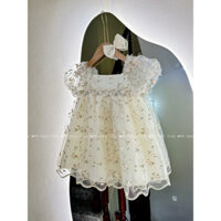 Váy ren thêu hoa cao cấp tay bồng dáng babydoll cho bé gái tặng kẹp nơ Mỡ Baby Kids