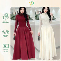 Váy ren tiểu thư cổ tròn phối chân váy thô dáng dài đính tag hoa siêu xinh vd709