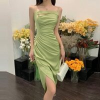 Váy ren xẻ tà satin xanh nhạt Hàn Quốc
