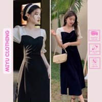 Váy sang chảnh dự tiệc đầm đen sang trọng cổ phối trắng nhún eo dáng dài xẻ tà đẹp Miyuclothing