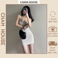 Váy sát nách body cổ xẻ V thun gân - Đầm body sexy hình thật