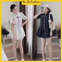 Váy Sơ Mi Babydoll Dáng Ngắn 2 Tầng Phối Viền Ren Đính Dây Nơ Đỏ Tặng Kèm Quần Trong NA29