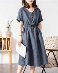 Váy sơ mi cổ V dáng suông dài basic kiểu Hàn Quốc, Đầm linen hè nữ thời trang Đũi Việt DV173 - Xám - XL