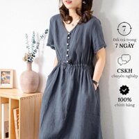 Váy sơ mi cổ V dáng suông dài basic kiểu Hàn Quốc, Đầm linen hè nữ thời trang Da173 - Hàng mới về