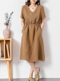 Váy sơ mi cổ V dáng suông dài basic kiểu Hàn Quốc, Đầm linen hè nữ thời trang Đũi Việt DV173 - Nâu - L
