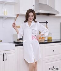 Váy sơ mi dáng dài lụa pháp trắng họa tiết con mèo N451