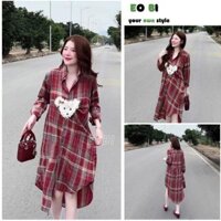 Váy Sơ Mi Kẻ Caro Đỏ Dáng Dài Đính Mặt Cún Lông, Đầm Suông Thô Mềm Vạt Tôm Trẻ Trung - EOBI